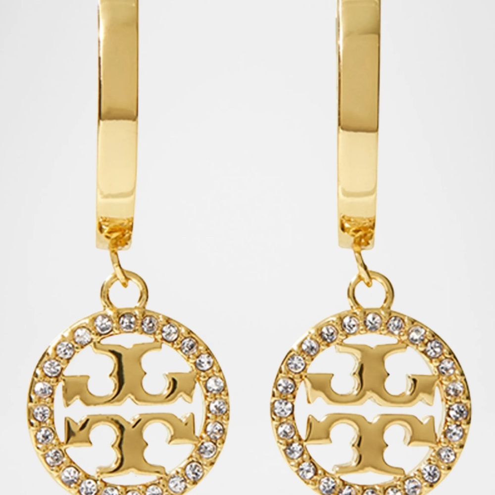 Tory Burch Gold Crystal Logo Hoop Drop Earrings